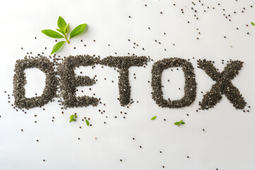 Detox Word Made of Chia Seeds on White Background