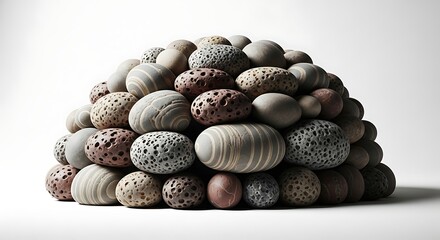 Arrangement of various textured and patterned stones creating a calming visual effect