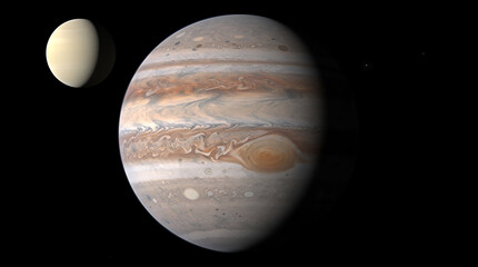 A realistic image of Jupiter at its closest approach to Venus in visible light.

