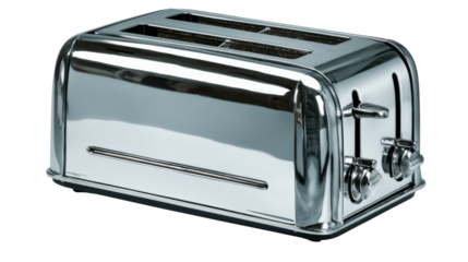 Chrome retro toaster for breakfast preparation, making bread crispy, kitchen appliance with sleek metallic design