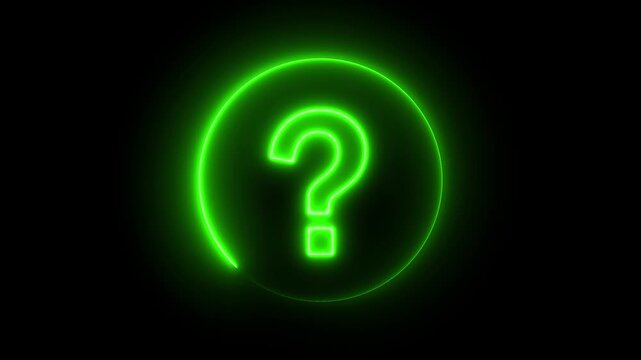 A vibrant green neon question mark symbol radiates light within a circular outline set against a completely black background signifying curiosity and the unknown