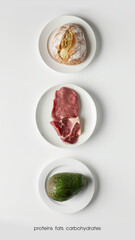 Fats, Proteins and Carbohydrates Concept with Bread, Meat and Avocado