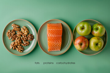 The concept of a balanced diet in terms of fats, proteins, and carbohydrates. Nuts, fish, and apples on the plates