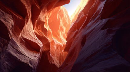 An awe-inspiring view from inside a sandstone canyon, with light streaming from above. The textures and colors create a stunning display of natural art