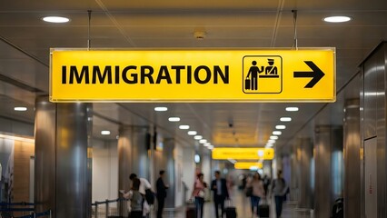 Yellow Immigration sign at airport terminal: Border control concept.