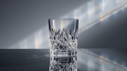 Empty crystal whiskey glass on a reflective surface with a grey gradient background