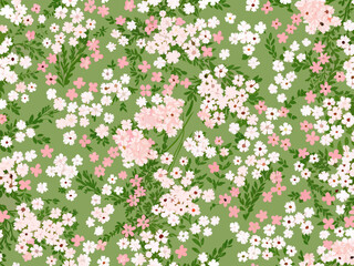Delicate floral pattern with small white and pink blossoms on a green backdrop