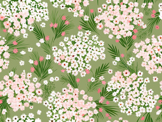 Delicate floral pattern with white and pink blossoms on a sage green background