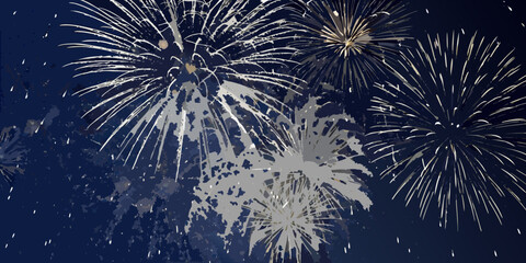 A vibrant display of fireworks illuminates the dark navy blue night sky