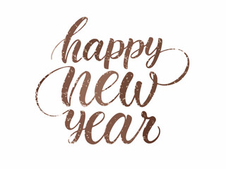 Elegant handwritten lettering spells out happy new year in brown tones