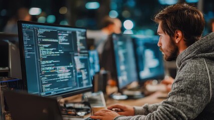 Software developer focusing on coding scripts while working late at a tech firm with modern workspace and multiple monitors - Powered by Adobe