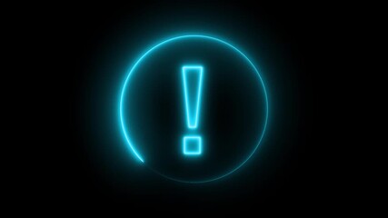 A bright cyan neon exclamation mark symbol glows within a circular outline against a solid black background representing emphasis and alerts