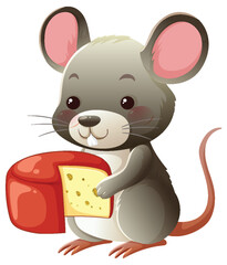 Cute Cartoon Mouse Holding Cheese Wedge