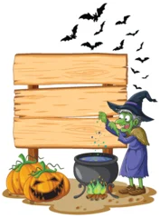 Fotobehang Kids Green Witch Mixing Potion by Wooden Signboard  © GraphicsRF