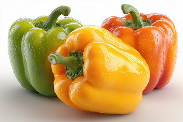 Fresh colorful bell peppers with water droplets on white background