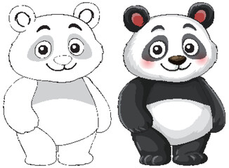 Cartoon Panda Bear Character Line Art and Colored Version