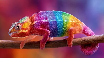 A Vibrantly Colored Chameleon Perched on a Branch, Showcasing Its Multicolored Skin Pattern Against a Softly Blurred Colorful Background in a Lively Nature Setting