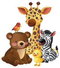 Cute Cartoon Jungle and Farm Animals Group Illustration