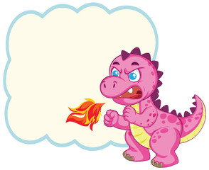 Angry Pink Cartoon Dinosaur Breathing Fire with Speech Bubble
