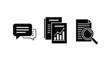 Communication documents and analysis icons presented in a striking black silhouette