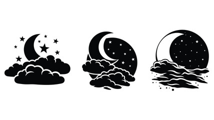 Illustrative crescent moon and cloud designs in a striking black silhouette