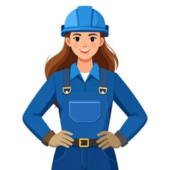 A smiling woman with brown hair and a blue hard hat, overalls, and gloves, hands on hips, ready to work