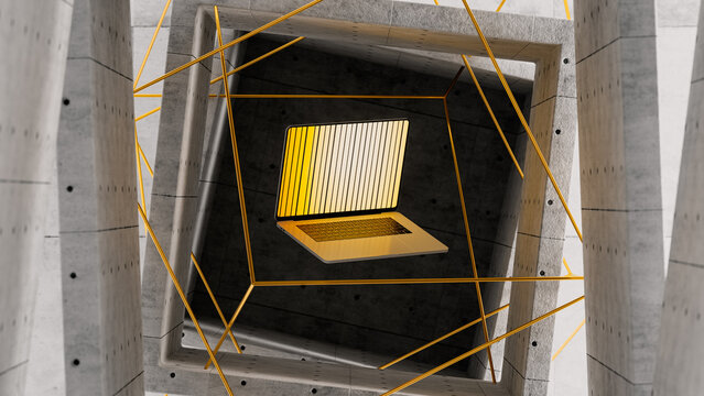 Laptop highlights technology in modern concrete structure