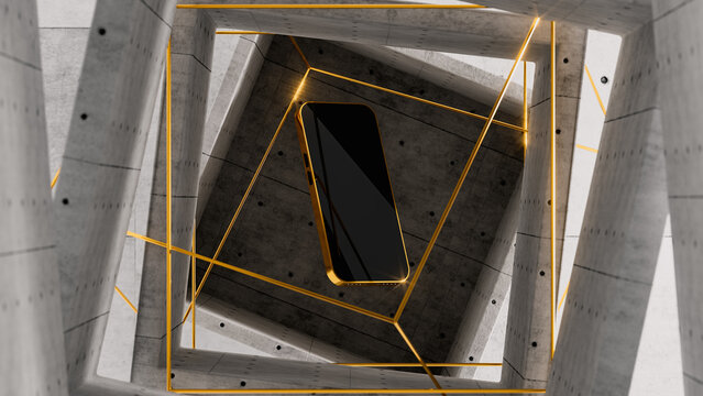 Modern mobile resting in a sleek concrete structure with lighting