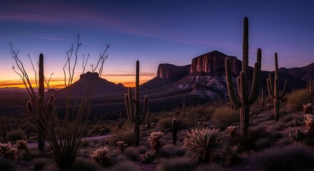 Desert landscape featuring cacti and mountains during sunset with colorful sky