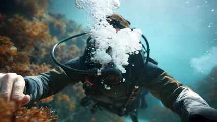 Young man scuba diving in a vibrant underwater world filled with colorful coral reefs and marine life in bright sunlight highlighting the beauty of the ocean environment