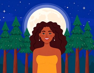A smiling woman with curly hair stands before a full moon and evergreen trees under a starry night sky