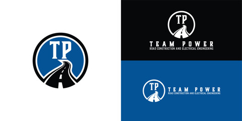 A modern circular logo for a road construction and electrical engineering company features a winding black road and bold TP letter. This logo signifies infrastructure and expertise.
