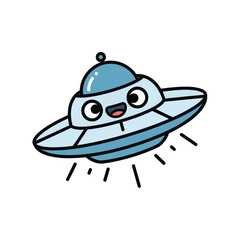 Cute Cartoon UFO Flying with Happy Face and Light Beams, Kawaii Alien Spaceship