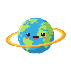 Fototapeta premium Cute cartoon planet Earth with happy face and ring, isolated on white background