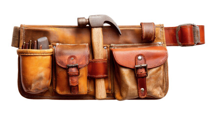 Leather tool belt loaded with handyman tools, hammer, and various craftsman equipment, transparent background