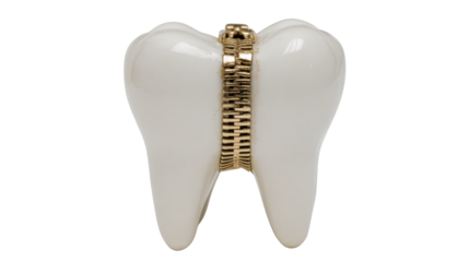 Tooth with golden zipper closing, representing dental health, repair, and treatment with a symbolic concept