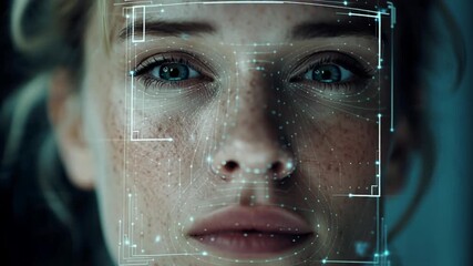 Close-up of a woman's face with digital overlay, showcasing facial recognition technology in action - Powered by Adobe