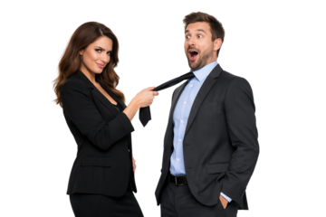 Playful Business Dynamic: Woman Leading Man by Tie on White