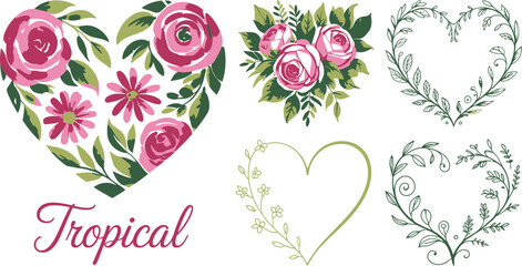 Various floral heart shapes and botanical elements showcase a vibrant tropical theme with pink roses