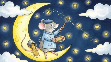 Naklejka premium A whimsical mouse artist creating shimmering stars on a magical crescent moonlit night sky
