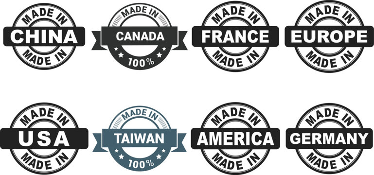 Made In Quality Seal Stamps USA, Germany, China, Europe and More for Product Packaging, Import Labels, and Branding