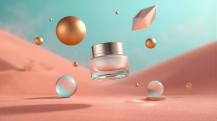 Abstract beauty product display with levitating glass jar and geometric shapes in a pastel sand dune setting