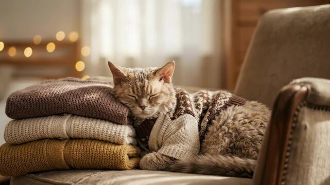 cats with curly fur. A cozy cat curled up on a stack of neatly folded blankets, enjoying a peaceful nap in a warm, softly lit room decorated with subtle twinkling lights