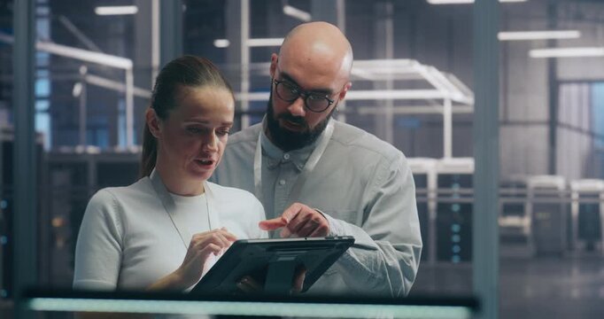 Male and Female IT Engineer Team Collaborating and Discussing Data Displayed on Digital Tablet, Standing in Secure, High Tech Environment of Data Center. Concept Teamwork and Mobile System Diagnostic.