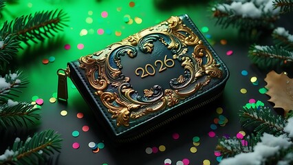 Elaborate black wallet embossed with gold filigree and "2026," set on a dark surface with festive elements