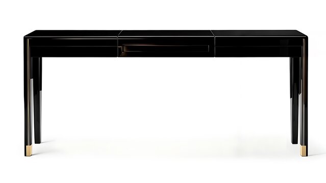 Elegant black console table with drawers and gold accents. Clean design, glossy finish, and sleek lines. Modern, minimalist style