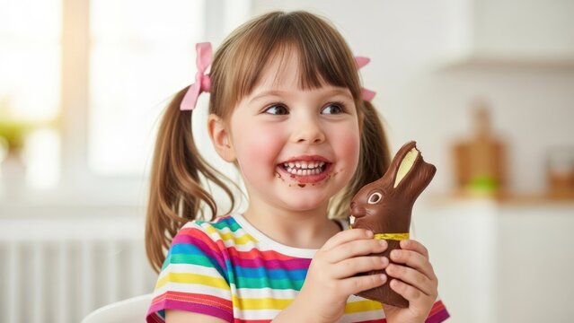 Smiling young girl holding chocolate Easter bunny in a bright room.