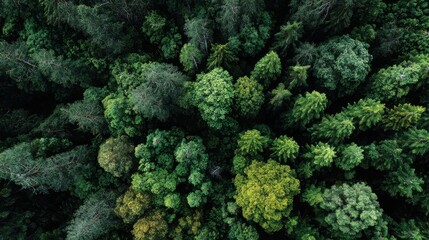 Overhead view of lush green forest canopy with varied trees aerial