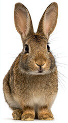 Brown rabbit with large ears and soft fur sitting and looking forward with curious expression on white background