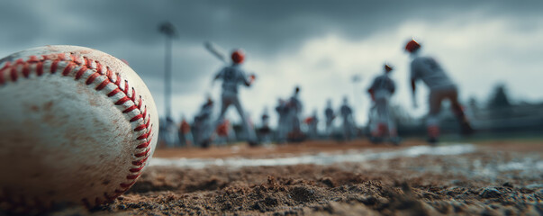 Baseball close up on dirt field with players practicing in background under cloudy sky, capturing dynamic sports atmosphere and teamwork energy